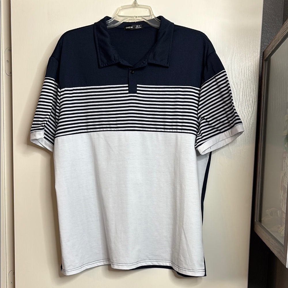 SHEIN Blue and White Stripped Polo Shirt Size XXL, Navy and White Golf shirt - Picture 5 of 8